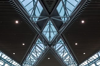 A geometric view of a modern architectural ceiling featuring triangular patterns made from glass and steel. The ceiling is designed with intersecting beams creating a tessellated effect, and there are several round lights evenly distributed across the structure.