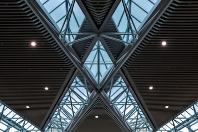 A geometric view of a modern architectural ceiling featuring triangular patterns made from glass and steel. The ceiling is designed with intersecting beams creating a tessellated effect, and there are several round lights evenly distributed across the structure.