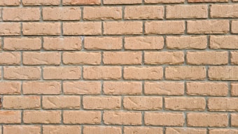The image features a close-up view of a brick wall with beige-colored bricks arranged in a uniform, horizontal pattern. The bricks have a slightly rough texture and are evenly spaced with gray mortar.