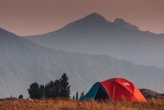A vibrant red and blue tent is set up on a grassy field. In the background, there are layered mountains fading into the distance under a hazy sky. Trees are visible nearby, enhancing the secluded and natural setting.