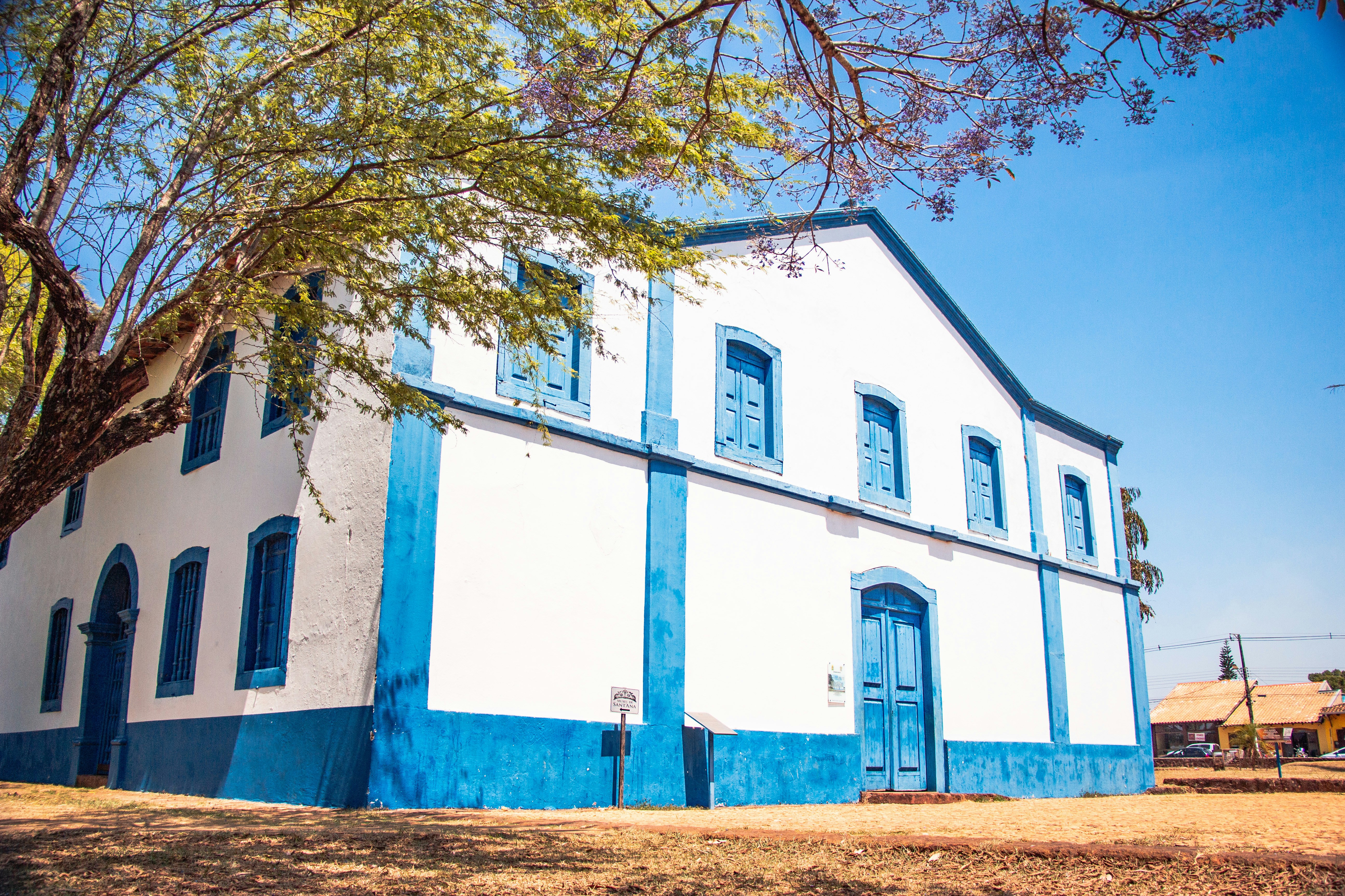 white and blue concrete building near brown tree during daytime