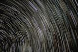 Long exposure photograph capturing the circular trails of stars across the night sky, creating graceful arcs of light.
