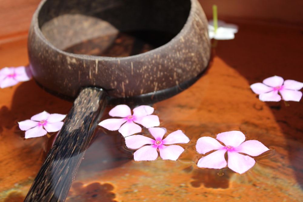 pink and white flowers on brown wooden table