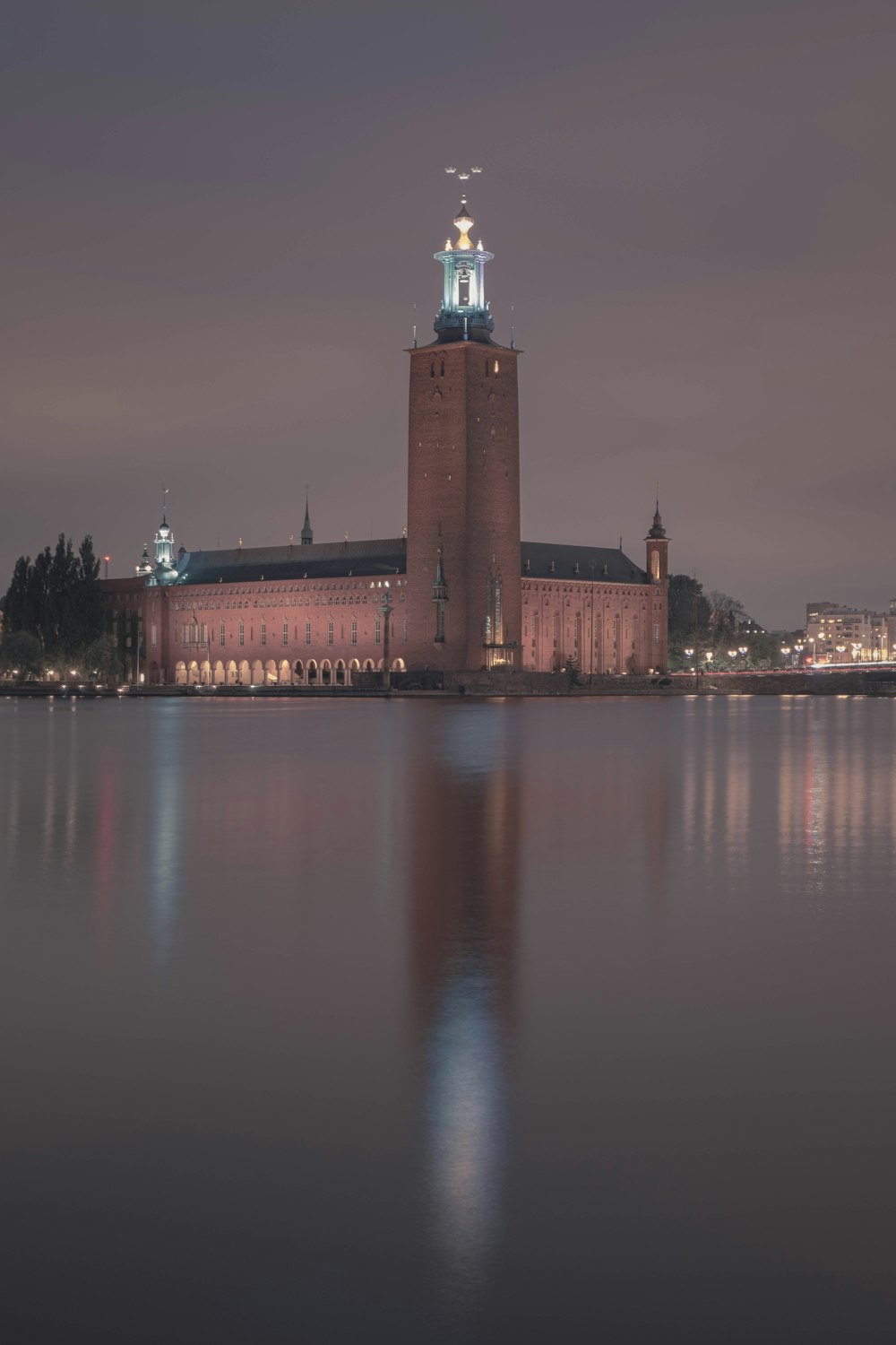 brown concrete building near body of water during night time