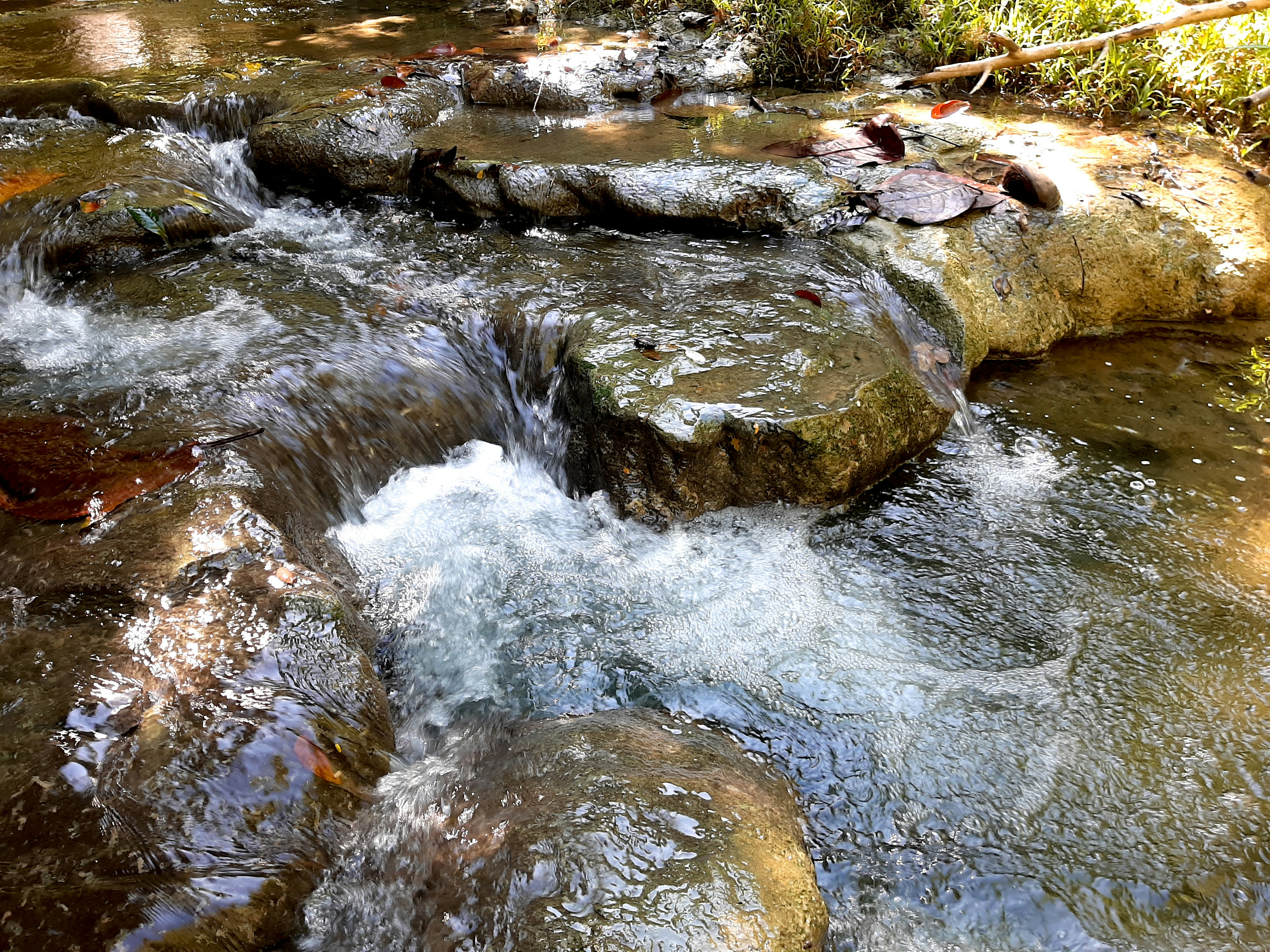 Clear stream of clean water in a natural setting, refreshing and pure, bright sunlight