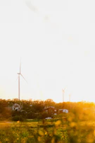 Panoramic view of a sustainable energy wind farm at sunset, showcasing clean technology in harmony with nature.