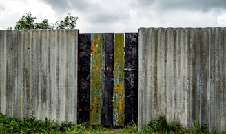 A weathered, corrugated metal fence with a central gate made of vertically placed wooden planks, some of which have chipped paint showing layers of green, blue, and yellow. The fence stands amidst a grassy area with some visible small plants and bushes, while the cloudy sky looms overhead.