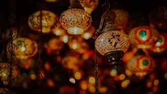 selective focus photography of oriental red and blue floral pendant lamp