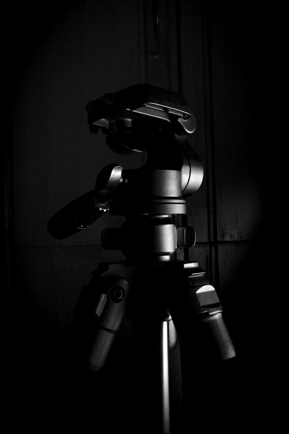 black camera on tripod in grayscale photography