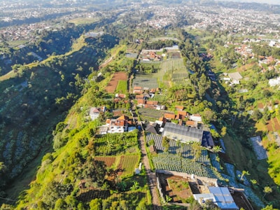 An aerial view of lush green farmland and terraced agricultural fields with scattered houses and buildings surrounded by dense vegetation and trees amidst hilly terrain. The horizon reveals a cityscape in the distance with rows of houses and urban infrastructure.