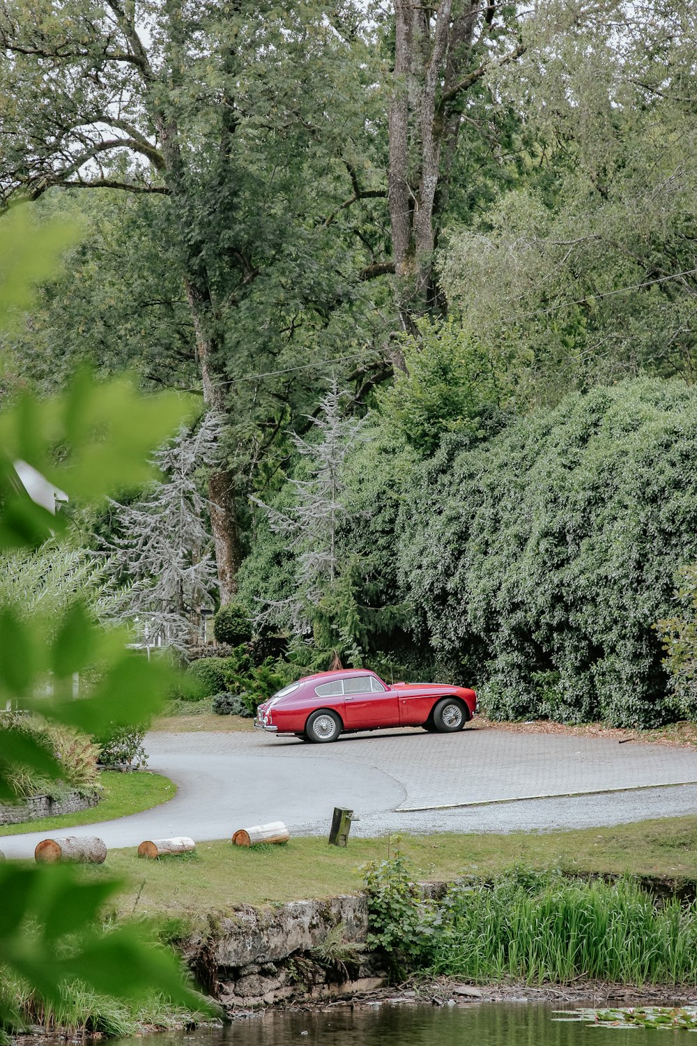 昼間の木々の間の道路を走る赤いクーペ