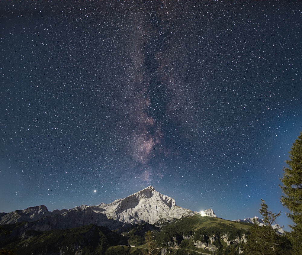 green trees on mountain under blue sky during night time