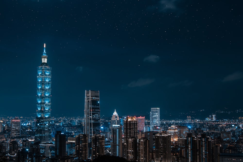 city skyline during night time