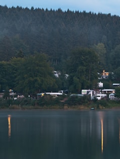 A serene lakeside scene with dense evergreen forest in the background and a calm body of water in the foreground. Along the shore, several small cabins or RVs are nestled among the trees with soft lights visible from the windows. The surface of the water reflects a few lights from the dwellings, enhancing the tranquil atmosphere.