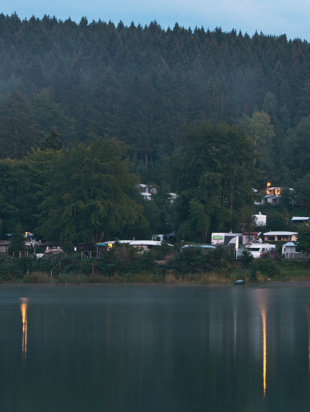 white and brown house near green trees and lake during daytime