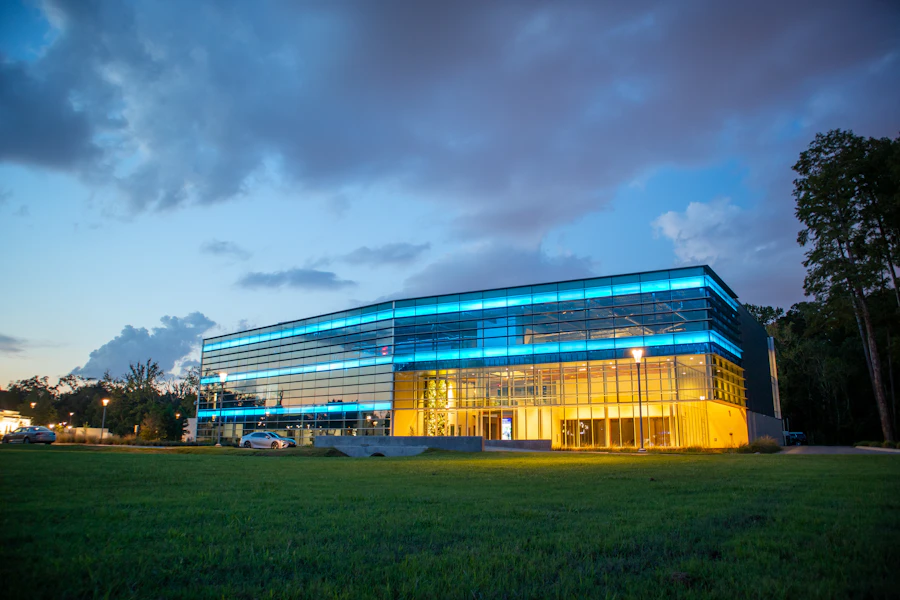 Office building lit up at dusk