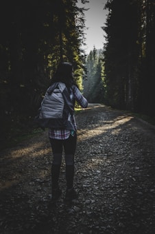 A person with a backpack walks along a forest trail surrounded by tall, dense trees. The scene is characterized by a mixture of sunlight filtering through the canopy, casting dappled shadows on the gravel path. The atmosphere suggests an early morning or late afternoon setting, with a serene and tranquil environment.