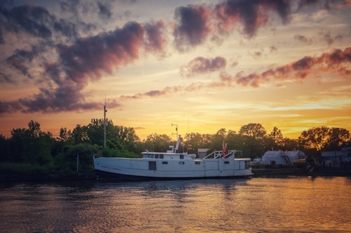 Sunset casting golden hues over a Blue Lotus Shipping vessel anchored offshore.
