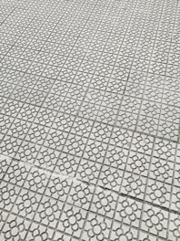Interlocking stone tiles with a floral pattern cover a large surface, creating a geometric and repetitive design. The light gray stones are arranged in a grid, each featuring a flower motif etched into the surface.