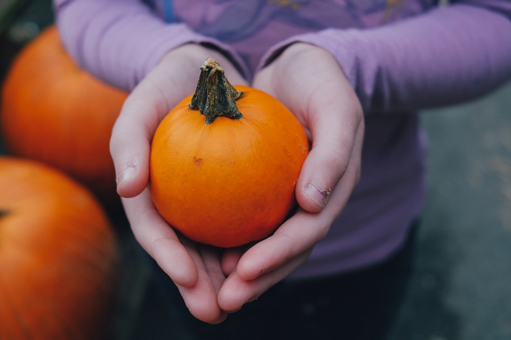 person holding orange tomato fruit