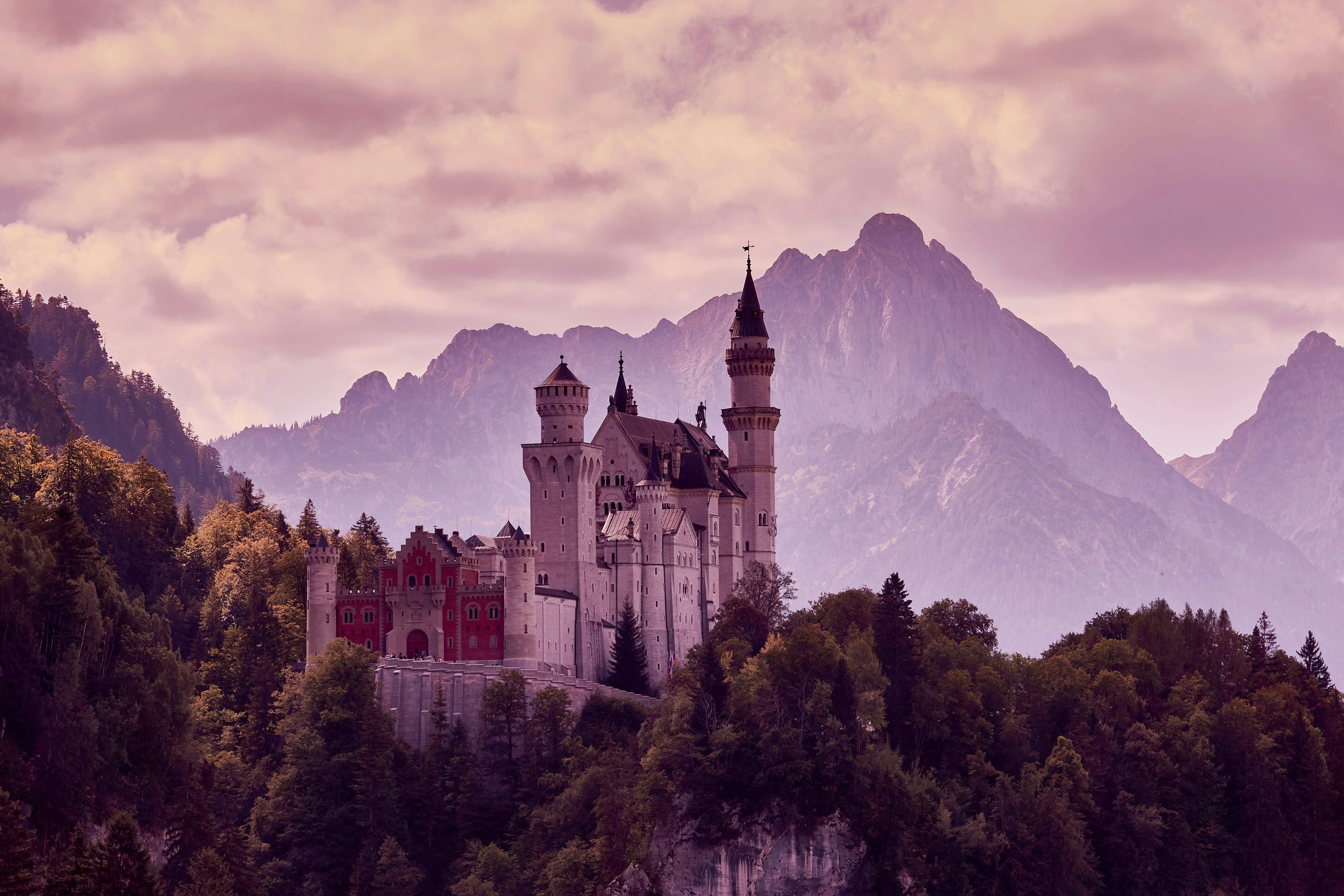 white and black castle on top of mountain