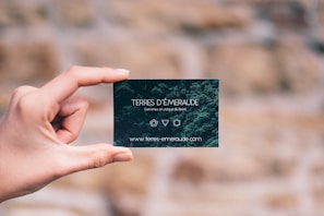 A hand is holding a small, dark green card with white text. The card features the words 'TERRES D'ÉMERAUDE' along with some symbols and a website URL at the bottom. The background is blurred, showing a mix of earthy tones.