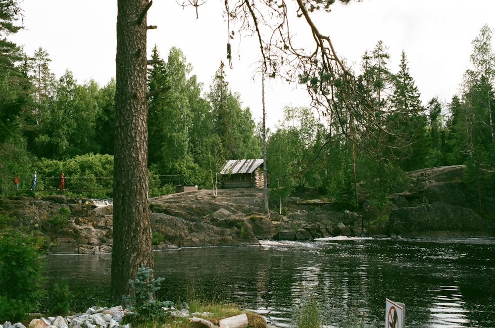 Braunes Holzhaus am Fluss