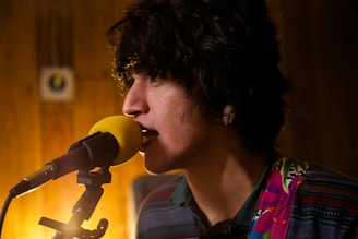 man in gray and black collared shirt singing