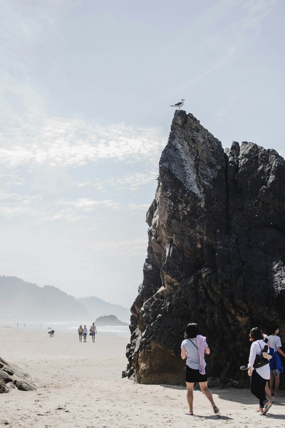 people on beach near rocky mountain during daytime