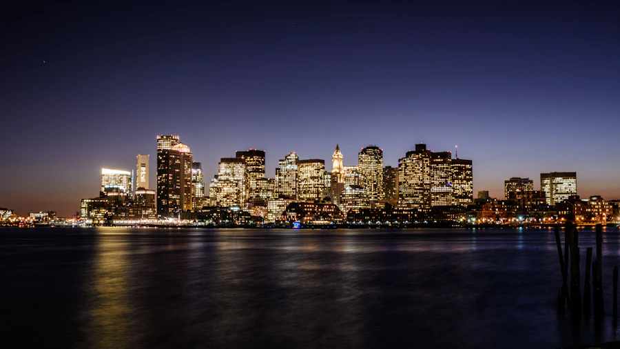 Boston harbor skyline at night