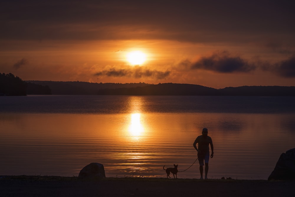 silhouette of man and dog standing on seashore during sunset