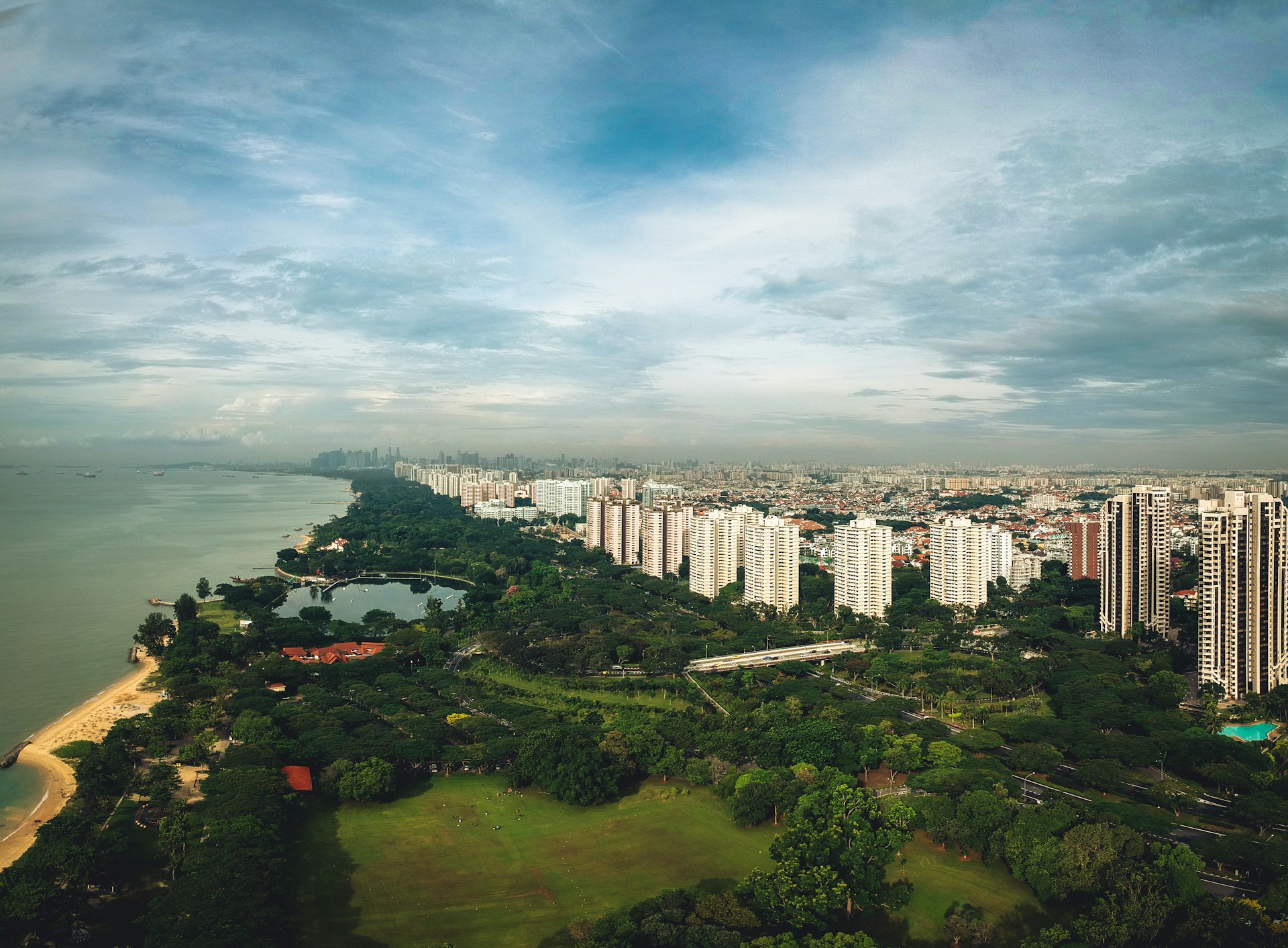 aerial view of city buildings near body of water during daytime