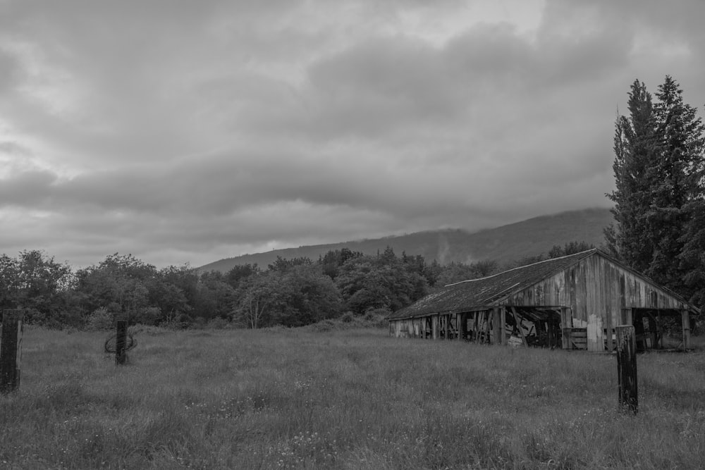 grayscale photo of wooden house on grass field