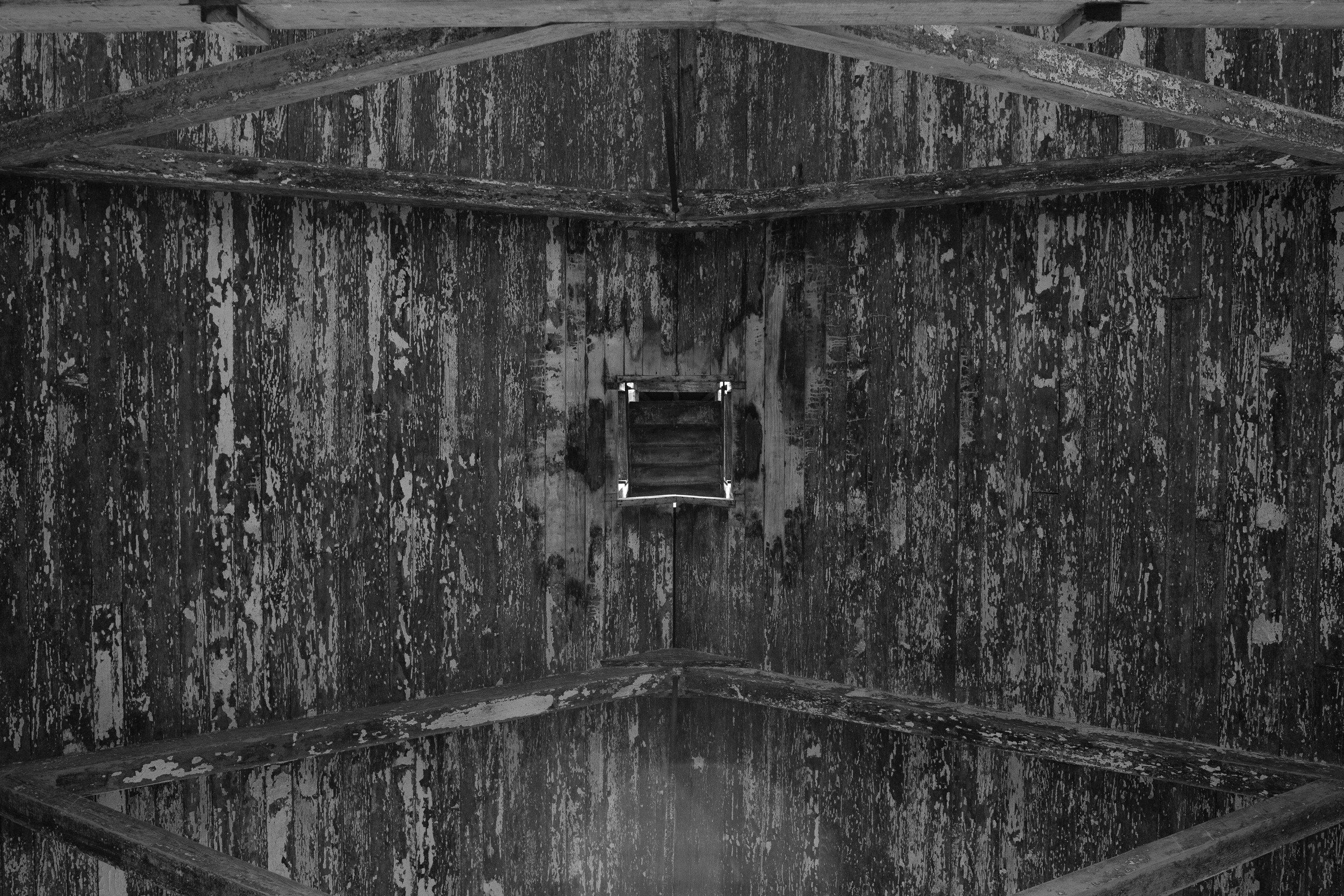 木製のドアのグレースケール写真