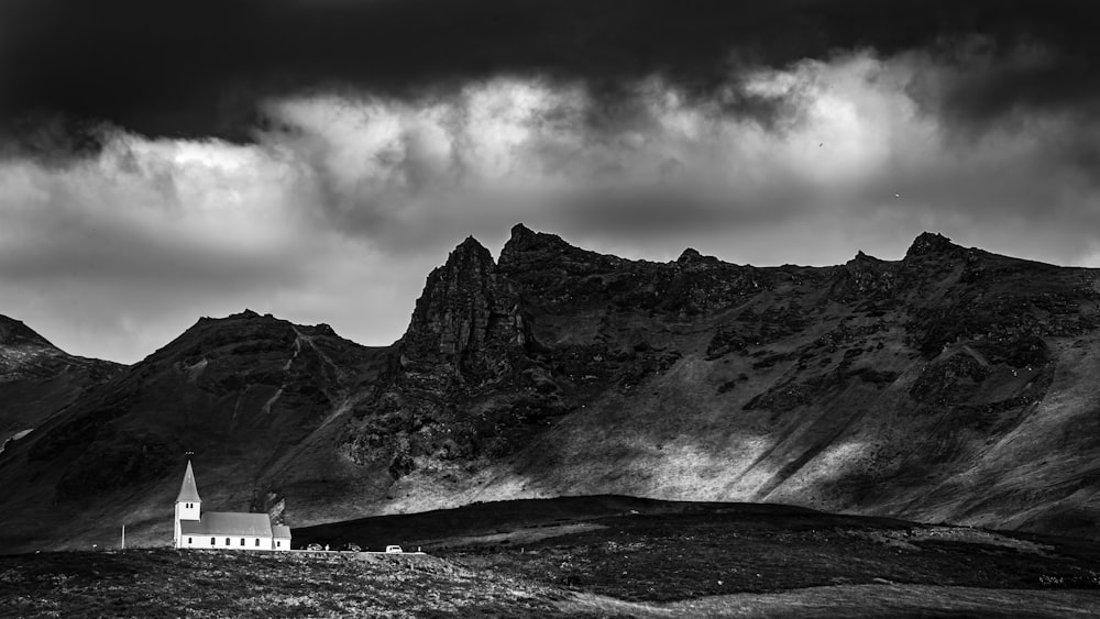 grayscale photo of mountain range