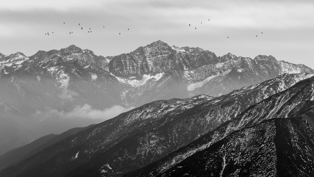 grayscale photo of snow covered mountains