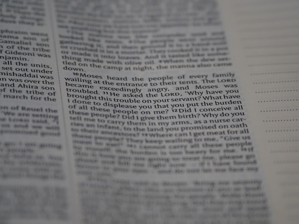 The image contains a close-up view of a page from a printed book. The text is clear and legible, with paragraphs justified and a heading that indicates a verse or section. The focus is on a particular passage, highlighting the dialogue attributed to Moses.