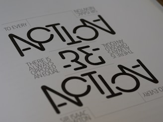 Text appears in a stylized geometric font with the words 'ACTION' and 'REACTION' prominently visible. The phrase 'TO EVERY ACTION THERE IS ALWAYS OPPOSED AN EQUAL REACTION' is included in a smaller, simpler font. The layout is minimalist with a monochromatic color scheme.