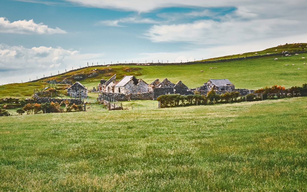 white and gray house on green grass field under white clouds and blue sky during daytime