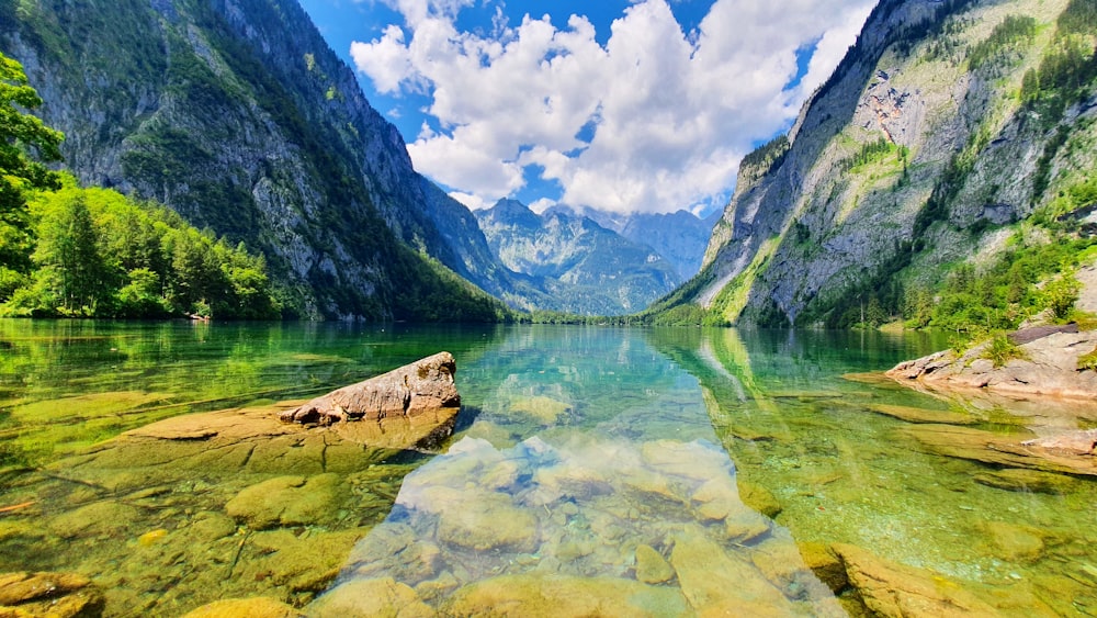 Grüne Berge neben Gewässern unter blauem Himmel tagsüber