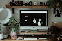 A home office setup features an iMac on a wooden desk surrounded by potted plants. The computer screen displays a minimalistic webpage with photography content. On the desk, various decorative items include a smartphone and a keyboard and mouse. Above the desk, a shelf holds vintage cameras. The desk lamp and air purifier add to the workspace functionality.