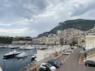 A coastal cityscape featuring a marina filled with luxury yachts in the foreground. Tall residential and commercial buildings rise against a backdrop of a large, rugged hillside. The sky is overcast with thick clouds, creating a moody atmosphere. Cars are parked along a road beside a building with classical architecture.