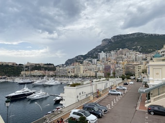 A coastal cityscape featuring a marina filled with luxury yachts in the foreground. Tall residential and commercial buildings rise against a backdrop of a large, rugged hillside. The sky is overcast with thick clouds, creating a moody atmosphere. Cars are parked along a road beside a building with classical architecture.