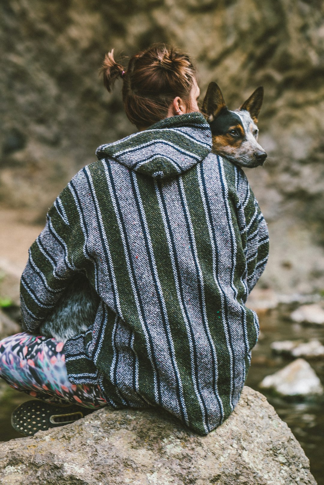 woman in black and white striped sweater holding black and white short coat small dog