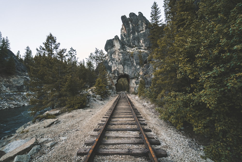 a train track going through a tunnel in the mountains