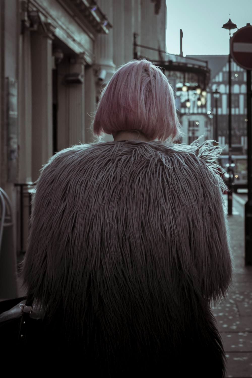 woman in brown fur coat standing on sidewalk during daytime