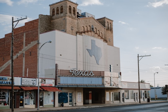 An old theater building with an art deco style facade stands on a quiet street. A large sign featuring the word 'Texas' and a map outline of the state decorates the front. The building has a brick structure with decorative windows and vintage signage. Nearby are small shops with signs, including a thrift shop.