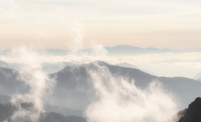 Serene landscape of a misty mountain range at dawn, symbolizing steady growth and long-term vision.
