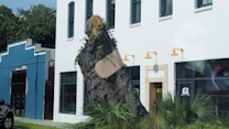 A large tree stump is leaning against the side of a white building, with a huge bandage design applied to its surface. The building features multiple large windows and is accented with orange light fixtures on the exterior. A blue building is partially visible nearby, and there is a mixture of greenery including trees and shrubs in the vicinity.