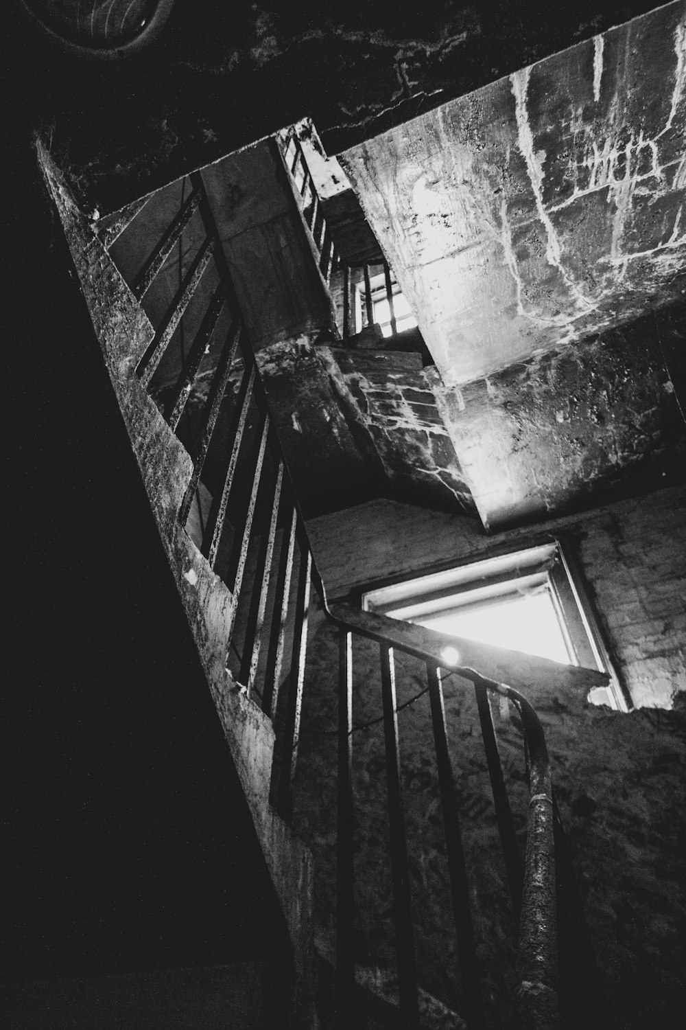 grayscale photo of concrete stairs